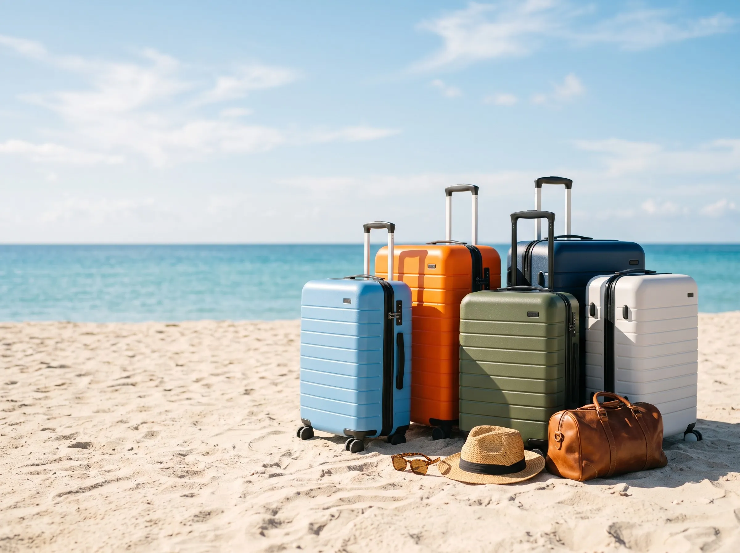 Valijas de colores listas para el viaje en la playa